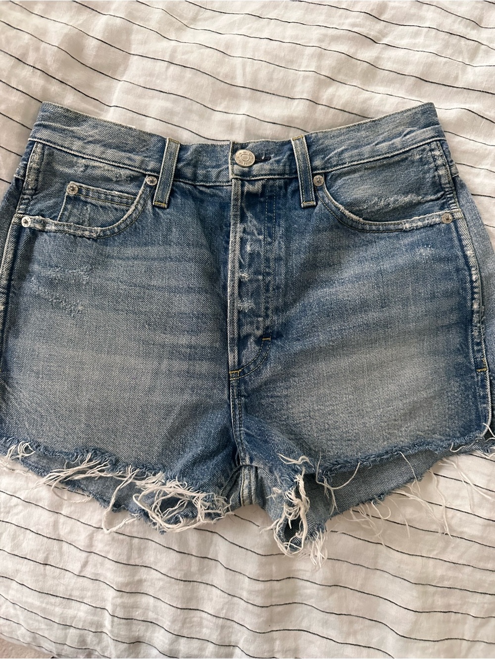 AMO Light Blue Frayed Hem Distressed Denim Shorts